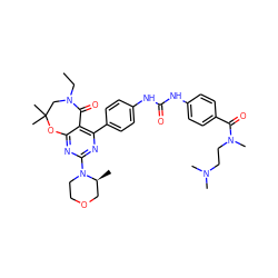 CCN1CC(C)(C)Oc2nc(N3CCOC[C@@H]3C)nc(-c3ccc(NC(=O)Nc4ccc(C(=O)N(C)CCN(C)C)cc4)cc3)c2C1=O ZINC000217990489