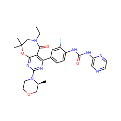 CCN1CC(C)(C)Oc2nc(N3CCOC[C@@H]3C)nc(-c3ccc(NC(=O)Nc4cnccn4)c(F)c3)c2C1=O ZINC000142216472