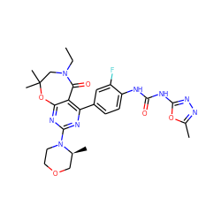 CCN1CC(C)(C)Oc2nc(N3CCOC[C@@H]3C)nc(-c3ccc(NC(=O)Nc4nnc(C)o4)c(F)c3)c2C1=O ZINC000142197017