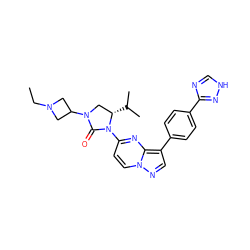 CCN1CC(N2C[C@H](C(C)C)N(c3ccn4ncc(-c5ccc(-c6nc[nH]n6)cc5)c4n3)C2=O)C1 ZINC000165171347