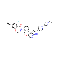 CCN1CC(N2CC=C(c3cc4c(-c5cccc(N6CCOc7cc(C8CC8)cc(F)c7C6=O)c5CO)ccnc4[nH]3)CC2)C1 ZINC001772652784