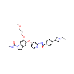 CCN1CC(c2ccc(C(=O)Nc3cc(Oc4cc5ccn(C(=O)NC)c5cc4OCCCOC)ccn3)cc2)C1 ZINC000169711614