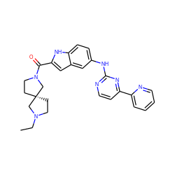 CCN1CC[C@@]2(CCN(C(=O)c3cc4cc(Nc5nccc(-c6ccccn6)n5)ccc4[nH]3)C2)C1 ZINC000144205126