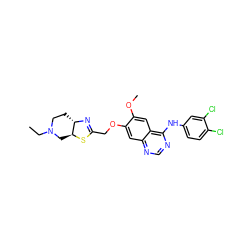 CCN1CC[C@@H]2N=C(COc3cc4ncnc(Nc5ccc(Cl)c(Cl)c5)c4cc3OC)S[C@H]2C1 ZINC001772593819