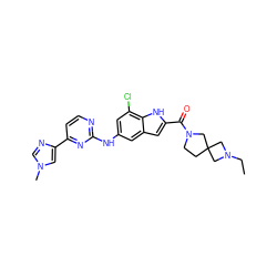 CCN1CC2(CCN(C(=O)c3cc4cc(Nc5nccc(-c6cn(C)cn6)n5)cc(Cl)c4[nH]3)C2)C1 ZINC000222324525