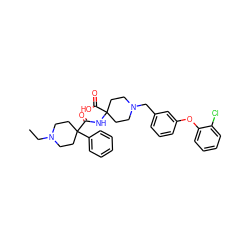 CCN1CCC(C(=O)NC2(C(=O)O)CCN(Cc3cccc(Oc4ccccc4Cl)c3)CC2)(c2ccccc2)CC1 ZINC000025422036