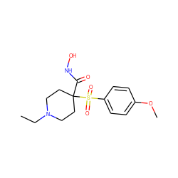 CCN1CCC(C(=O)NO)(S(=O)(=O)c2ccc(OC)cc2)CC1 ZINC000013521005