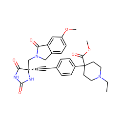 CCN1CCC(C(=O)OC)(c2ccc(C#C[C@]3(CN4Cc5ccc(OC)cc5C4=O)NC(=O)NC3=O)cc2)CC1 ZINC000149823426