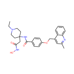 CCN1CCC(CC(=O)NO)(NC(=O)c2ccc(OCc3cc(C)nc4ccccc34)cc2)CC1 ZINC000034312332