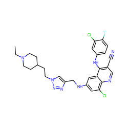 CCN1CCC(CCn2cc(CNc3cc(Cl)c4ncc(C#N)c(Nc5ccc(F)c(Cl)c5)c4c3)nn2)CC1 ZINC000049889007