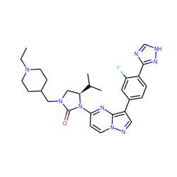 CCN1CCC(CN2C[C@@H](C(C)C)N(c3ccn4ncc(-c5ccc(-c6nc[nH]n6)c(F)c5)c4n3)C2=O)CC1 ZINC000141224071