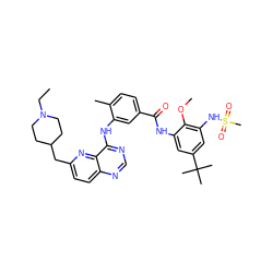 CCN1CCC(Cc2ccc3ncnc(Nc4cc(C(=O)Nc5cc(C(C)(C)C)cc(NS(C)(=O)=O)c5OC)ccc4C)c3n2)CC1 ZINC000096175765