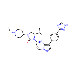 CCN1CCC(N2C[C@H](C(C)C)N(c3ccn4ncc(-c5ccc(-c6nc[nH]n6)cc5)c4n3)C2=O)CC1 ZINC000141223645