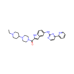 CCN1CCC(N2CCN(C(=O)c3cc4cc(Nc5nccc(-c6ccccn6)n5)ccc4[nH]3)CC2)CC1 ZINC000144208793