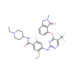 CCN1CCC(NC(=O)c2cc(OC)c(Nc3ncc(C(F)(F)F)c(Oc4cccc5c4C(=O)N(C)C5)n3)cc2F)CC1 ZINC000145983210