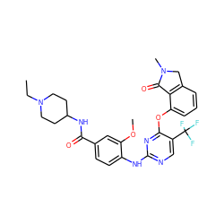 CCN1CCC(NC(=O)c2ccc(Nc3ncc(C(F)(F)F)c(Oc4cccc5c4C(=O)N(C)C5)n3)c(OC)c2)CC1 ZINC000138456354