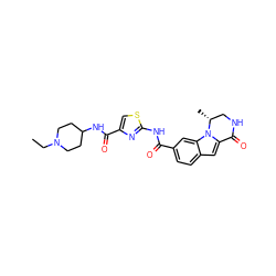 CCN1CCC(NC(=O)c2csc(NC(=O)c3ccc4cc5n(c4c3)[C@H](C)CNC5=O)n2)CC1 ZINC000029127874