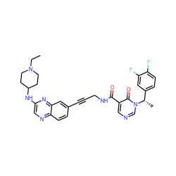 CCN1CCC(Nc2cnc3ccc(C#CCNC(=O)c4cncn([C@@H](C)c5ccc(F)c(F)c5)c4=O)cc3n2)CC1 ZINC000096176161