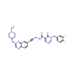 CCN1CCC(Nc2cnc3ccc(C#CCNC(=O)c4cncn(Cc5ccc(F)c(F)c5)c4=O)cc3n2)CC1 ZINC000096176136