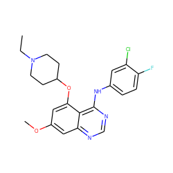 CCN1CCC(Oc2cc(OC)cc3ncnc(Nc4ccc(F)c(Cl)c4)c23)CC1 ZINC000028572247