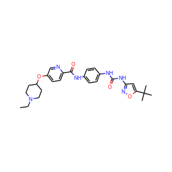 CCN1CCC(Oc2ccc(C(=O)Nc3ccc(NC(=O)Nc4cc(C(C)(C)C)on4)cc3)nc2)CC1 ZINC000095558214