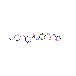 CCN1CCC(Oc2ccnc(C(=O)Nc3ccc(NC(=O)Nc4cc(C(C)(C)C)on4)cc3)c2)CC1 ZINC000095563250