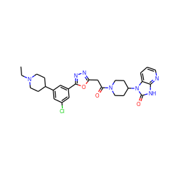 CCN1CCC(c2cc(Cl)cc(-c3nnc(CC(=O)N4CCC(n5c(=O)[nH]c6ncccc65)CC4)o3)c2)CC1 ZINC000049774560