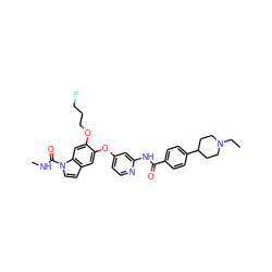 CCN1CCC(c2ccc(C(=O)Nc3cc(Oc4cc5ccn(C(=O)NC)c5cc4OCCCF)ccn3)cc2)CC1 ZINC000169711524