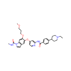 CCN1CCC(c2ccc(C(=O)Nc3cc(Oc4cc5ccn(C(=O)NC)c5cc4OCCCOC)ccn3)cc2)CC1 ZINC000169711619