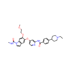 CCN1CCC(c2ccc(C(=O)Nc3cc(Oc4cc5ccn(C(=O)NC)c5cc4OCCOC)ccn3)cc2)CC1 ZINC000169711584