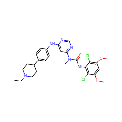 CCN1CCC(c2ccc(Nc3cc(N(C)C(=O)Nc4c(Cl)c(OC)cc(OC)c4Cl)ncn3)cc2)CC1 ZINC000072124687