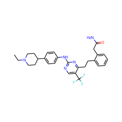 CCN1CCC(c2ccc(Nc3ncc(C(F)(F)F)c(CCc4ccccc4CC(N)=O)n3)cc2)CC1 ZINC000207568751