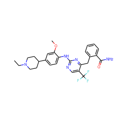 CCN1CCC(c2ccc(Nc3ncc(C(F)(F)F)c(Cc4ccccc4C(N)=O)n3)c(OC)c2)CC1 ZINC000208706645