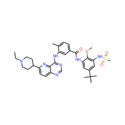 CCN1CCC(c2ccc3ncnc(Nc4cc(C(=O)Nc5cc(C(C)(C)C)cc(NS(C)(=O)=O)c5OC)ccc4C)c3n2)CC1 ZINC000096175748