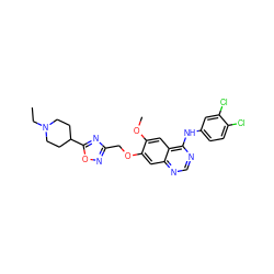 CCN1CCC(c2nc(COc3cc4ncnc(Nc5ccc(Cl)c(Cl)c5)c4cc3OC)no2)CC1 ZINC000088367959