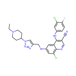 CCN1CCC(n2cc(CNc3cc(Cl)c4ncc(C#N)c(Nc5ccc(F)c(Cl)c5)c4c3)nn2)CC1 ZINC000042921365