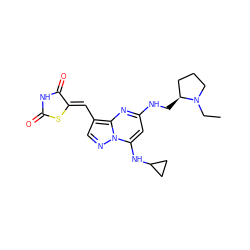 CCN1CCC[C@@H]1CNc1cc(NC2CC2)n2ncc(/C=C3\SC(=O)NC3=O)c2n1 ZINC000144736507