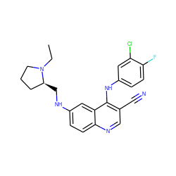 CCN1CCC[C@@H]1CNc1ccc2ncc(C#N)c(Nc3ccc(F)c(Cl)c3)c2c1 ZINC000036177441