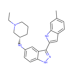 CCN1CCC[C@H](Nc2ccc3[nH]nc(-c4cc5ccc(C)cc5[nH]4)c3c2)C1 ZINC000066076456