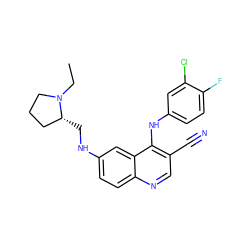 CCN1CCC[C@H]1CNc1ccc2ncc(C#N)c(Nc3ccc(F)c(Cl)c3)c2c1 ZINC000036177436