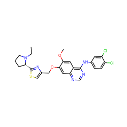 CCN1CCC[C@H]1c1nc(COc2cc3ncnc(Nc4ccc(Cl)c(Cl)c4)c3cc2OC)cs1 ZINC000114821672