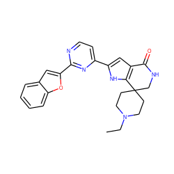 CCN1CCC2(CC1)CNC(=O)c1cc(-c3ccnc(-c4cc5ccccc5o4)n3)[nH]c12 ZINC000071334281