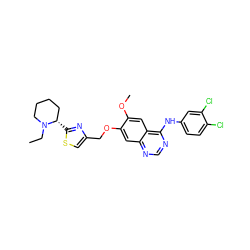 CCN1CCCC[C@@H]1c1nc(COc2cc3ncnc(Nc4ccc(Cl)c(Cl)c4)c3cc2OC)cs1 ZINC000114820799