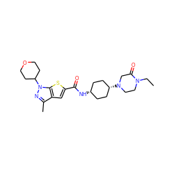 CCN1CCN([C@H]2CC[C@@H](NC(=O)c3cc4c(C)nn(C5CCOCC5)c4s3)CC2)CC1=O ZINC000114715548