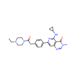 CCN1CCN(C(=O)Cc2ccc(-c3cc4ncn(C)c(=O)c4c(NC4CC4)n3)cc2)CC1 ZINC000115624238