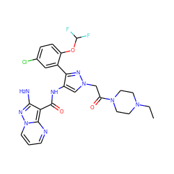 CCN1CCN(C(=O)Cn2cc(NC(=O)c3c(N)nn4cccnc34)c(-c3cc(Cl)ccc3OC(F)F)n2)CC1 ZINC001772618270