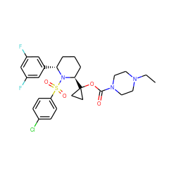 CCN1CCN(C(=O)OC2([C@@H]3CCC[C@@H](c4cc(F)cc(F)c4)N3S(=O)(=O)c3ccc(Cl)cc3)CC2)CC1 ZINC000028879690