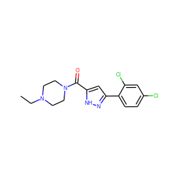 CCN1CCN(C(=O)c2cc(-c3ccc(Cl)cc3Cl)n[nH]2)CC1 ZINC000040896523