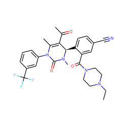 CCN1CCN(C(=O)c2cc(C#N)ccc2[C@@H]2C(C(C)=O)=C(C)N(c3cccc(C(F)(F)F)c3)C(=O)N2C)CC1 ZINC001772581437