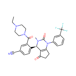 CCN1CCN(C(=O)c2cc(C#N)ccc2[C@@H]2C3=C(CCC3=O)N(c3cccc(C(F)(F)F)c3)C(=O)N2C)CC1 ZINC001772639200